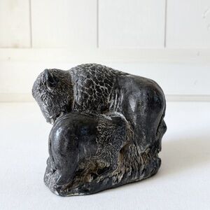 Vintage A Wolf Original Large Bison and Nursing Calf Soapstone Sculpture